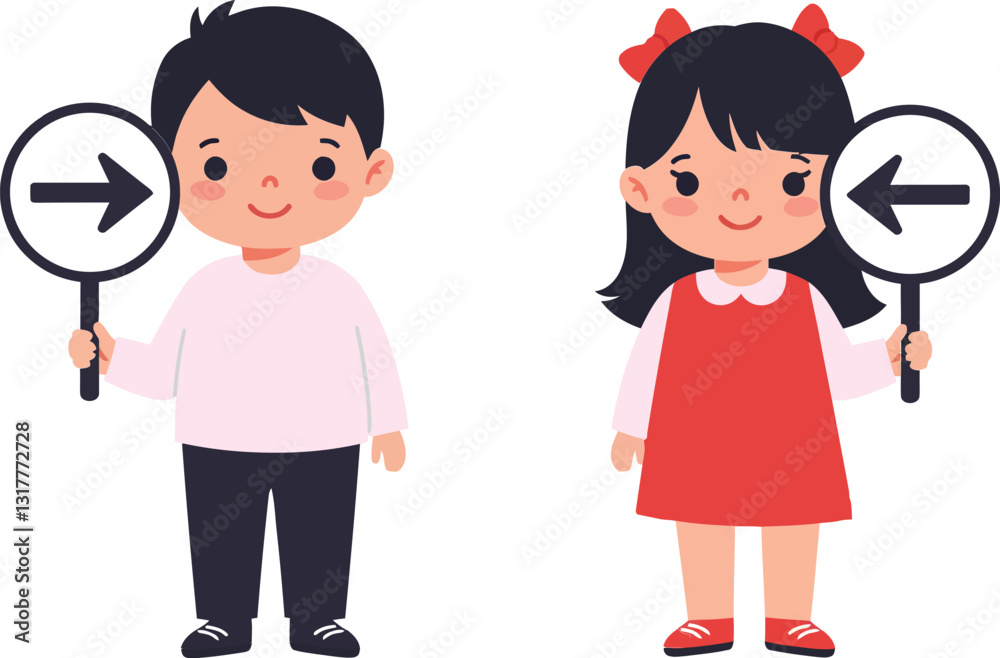 Two cheerful children holding directional signs in a playful, colorful flat design vector illustration showcasing joy and guidance in a friendly atmosphere Two cheerful children holding directional signs in a playful, colorful flat design vector illustration showcasing joy and guidance in a friendly atmosphere