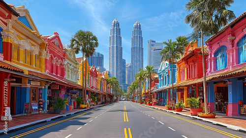 Vibrant streetscape in Kuala Lumpur, Malaysia with Petronas Towers backdrop