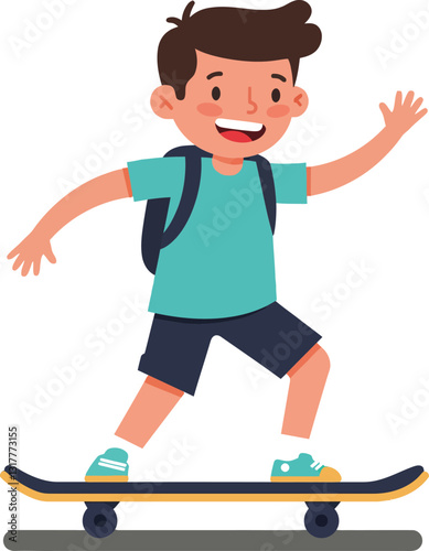 Cheerful young boy skating on a skateboard with a backpack in a flat, colorful design vector illustration