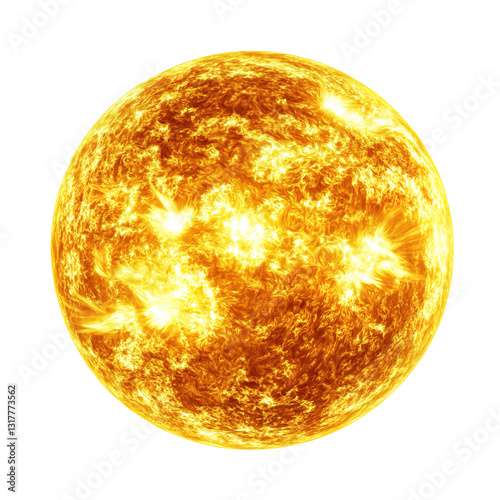 Yellow sun with a lot of fire coming out of it on transparent background