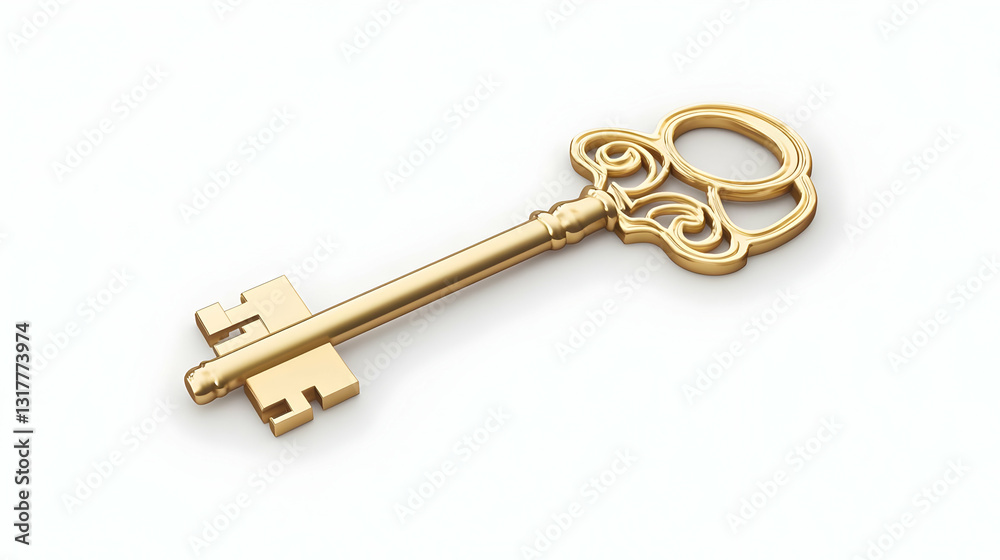 A Single Ornate Gold Key Isolated On White Background In A 3D Render Depicting Security And Access A Single Ornate Gold Key Isolated On White Background In A 3D Render Depicting Security And Access