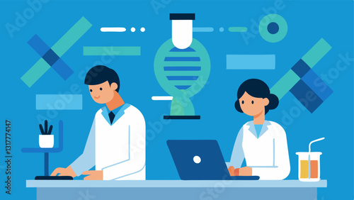 Laboratory Environment An illustration of a bioinformatics lab with a scientist in a lab coat using a microscope while another works on a laptop showing geneediting tools.