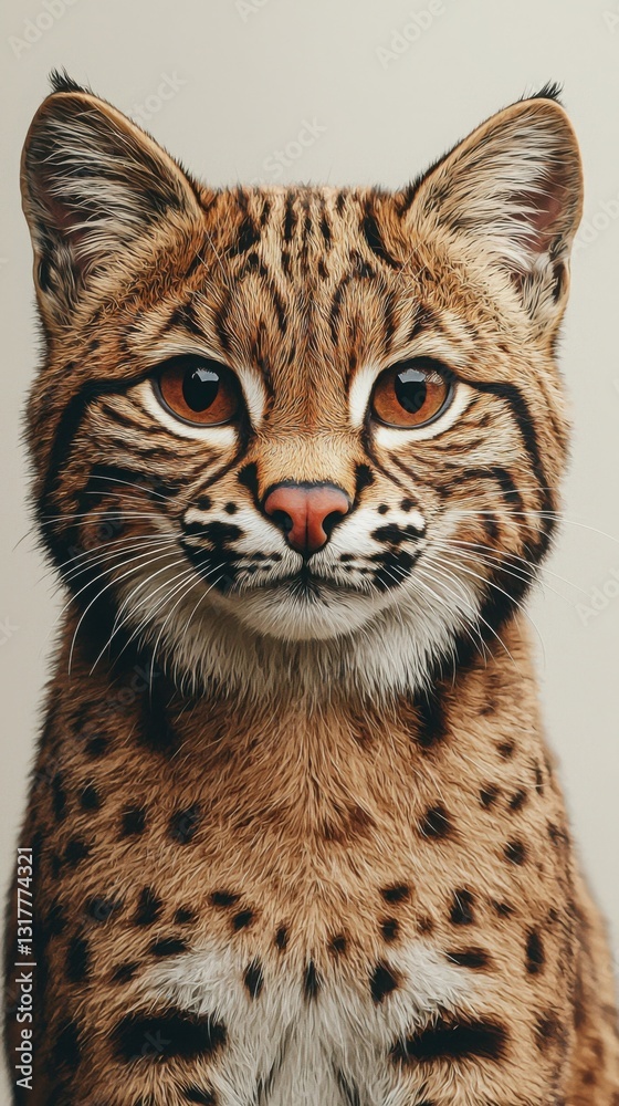 Obraz premium Close-up portrait of a bobcat, showcasing its striking brown and black spotted fur. The feline's intense gaze and soft fur create a captivating image.