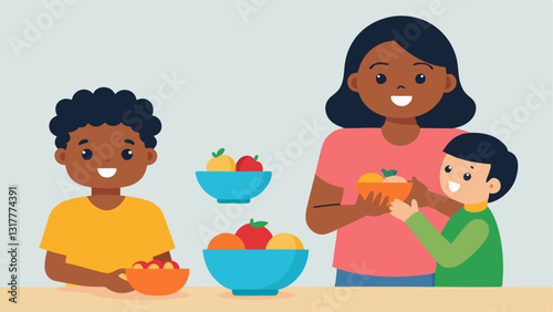 Snack Time Challenge Two kids compete in a snackoff with bowls of sugary snacks in front of them while a lurking adult holds a nutritious fruit basket in the background expressing