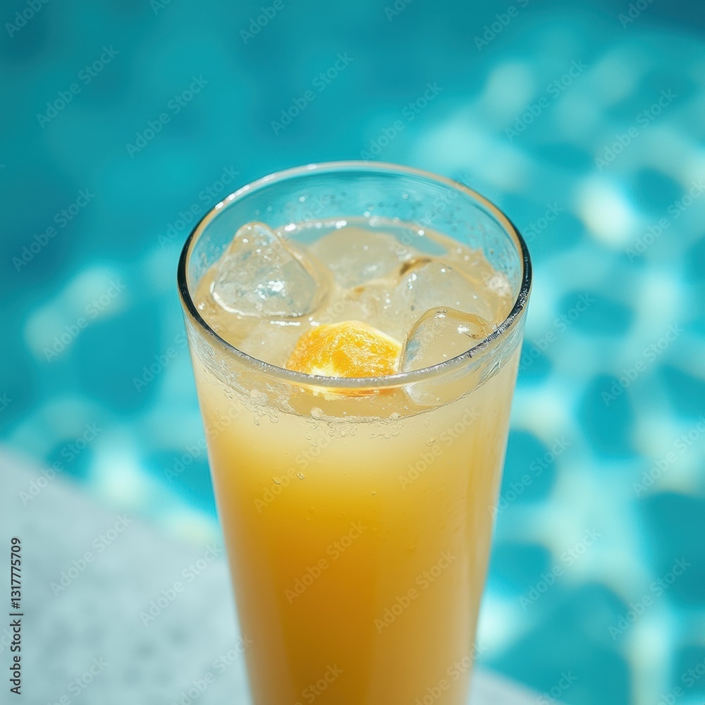 A refreshing drink with droplets sits by the pool, clear blue water behind, evoking calm relaxation. A refreshing drink with droplets sits by the pool, clear blue water behind, evoking calm relaxation.