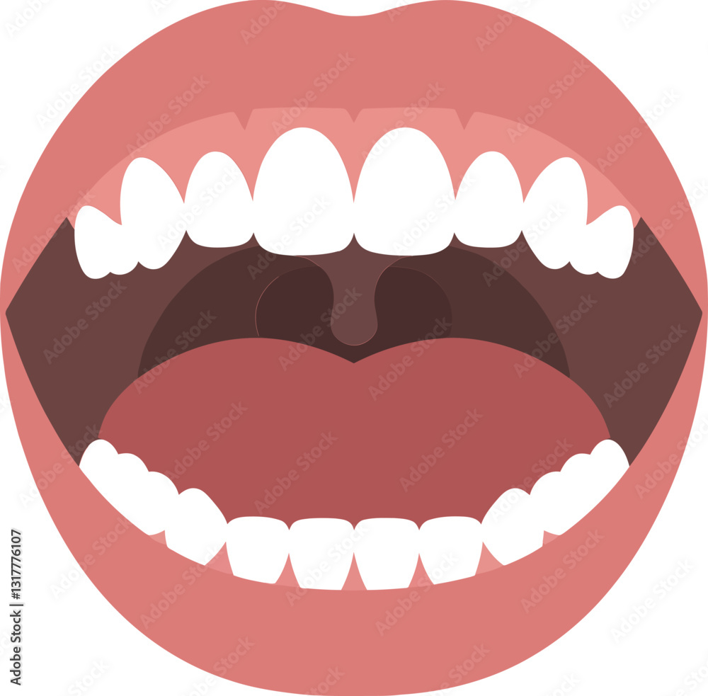 Open mouth with visible teeth and tongue in a flat digital art style showcasing expressions and emotions through vector illustration