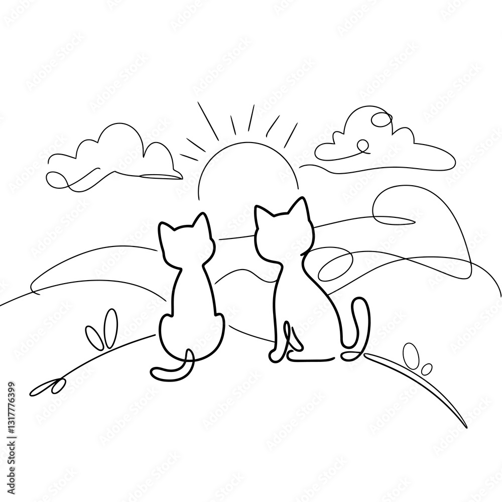 Obraz premium Two Cats Sitting on Hillside Watching Sunrise with Clouds in Continuous Line Drawing Style