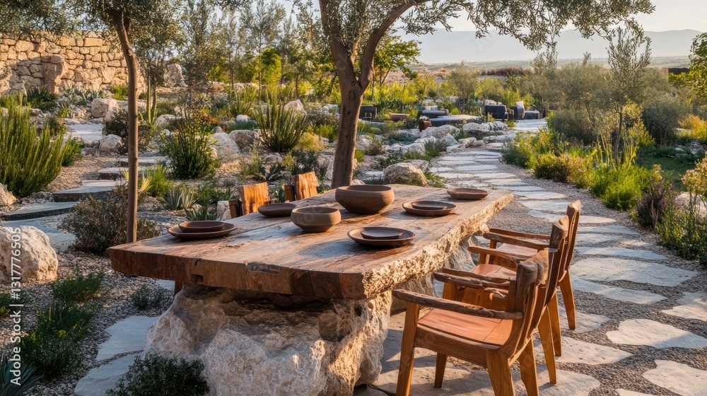 Fototapeta premium A rustic outdoor dining setup in a lush garden.