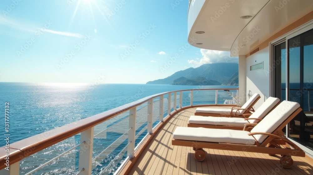 Fototapeta premium A lavish cruise ship deck with lounge chairs and endless ocean under sun, pure holiday bliss.