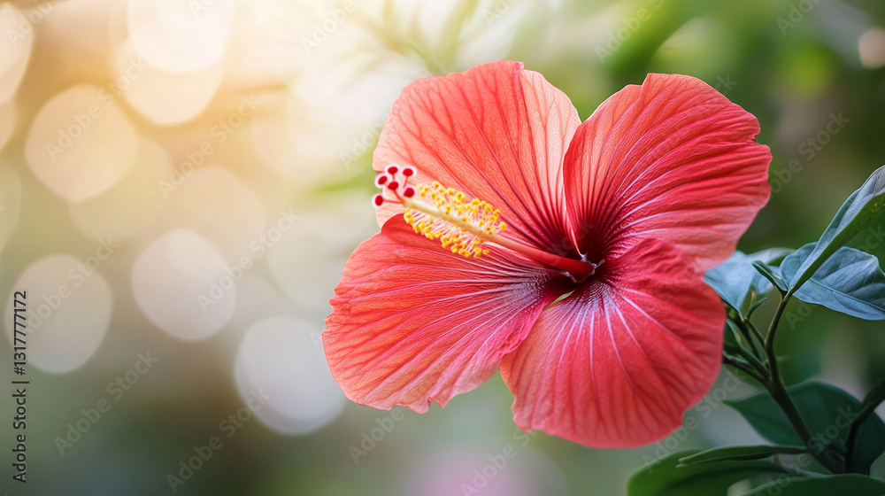 Obraz premium Close-up of a pink hibiscus flower with visible texture and details, showcasing its delicate petals and vibrant color, symbolizing summer, nature, and tropical beauty