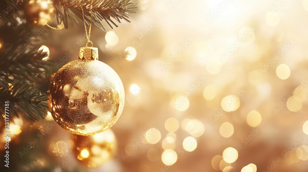 Golden Christmas Ornament on Festive Tree Golden Christmas Ornament on Festive Tree