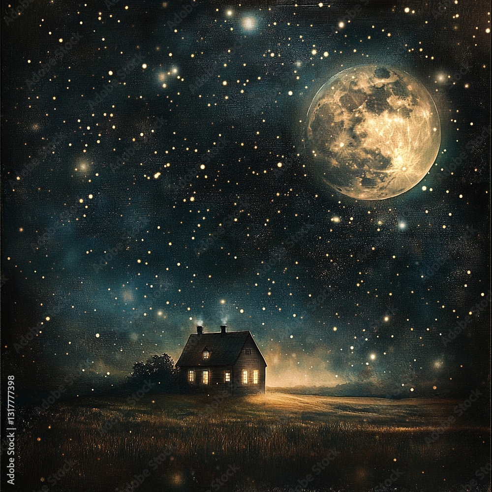 Fototapeta premium A Dreamy Night Sky with Glowing Stars and a Luminous Moon Over a Warmly Lit House - Perfect for an Ethereal Music Album Cover That Evokes Soothing Serenity