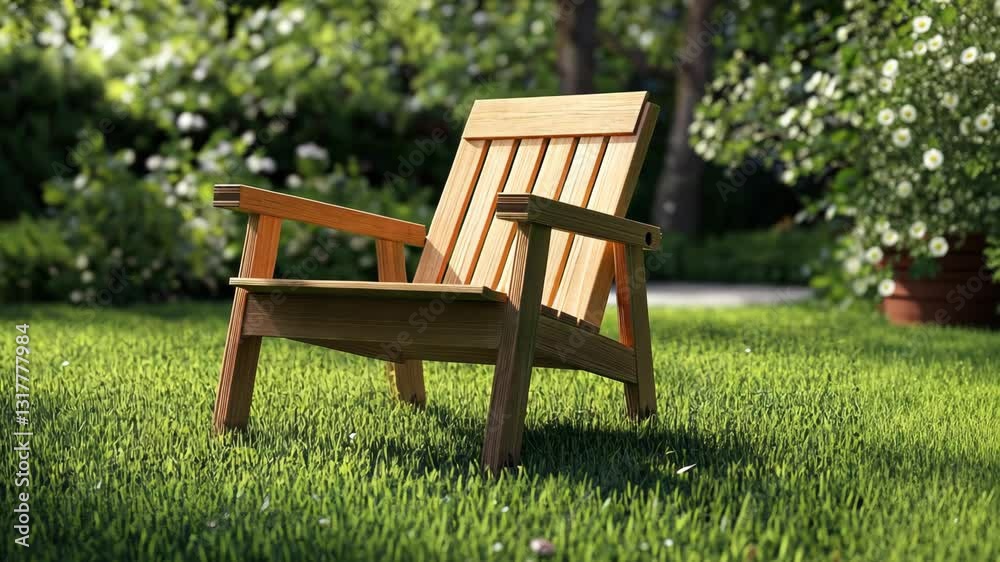 Relaxing in a serene garden setting with a wooden chair on lush green grass during a sunny day Relaxing in a serene garden setting with a wooden chair on lush green grass during a sunny day