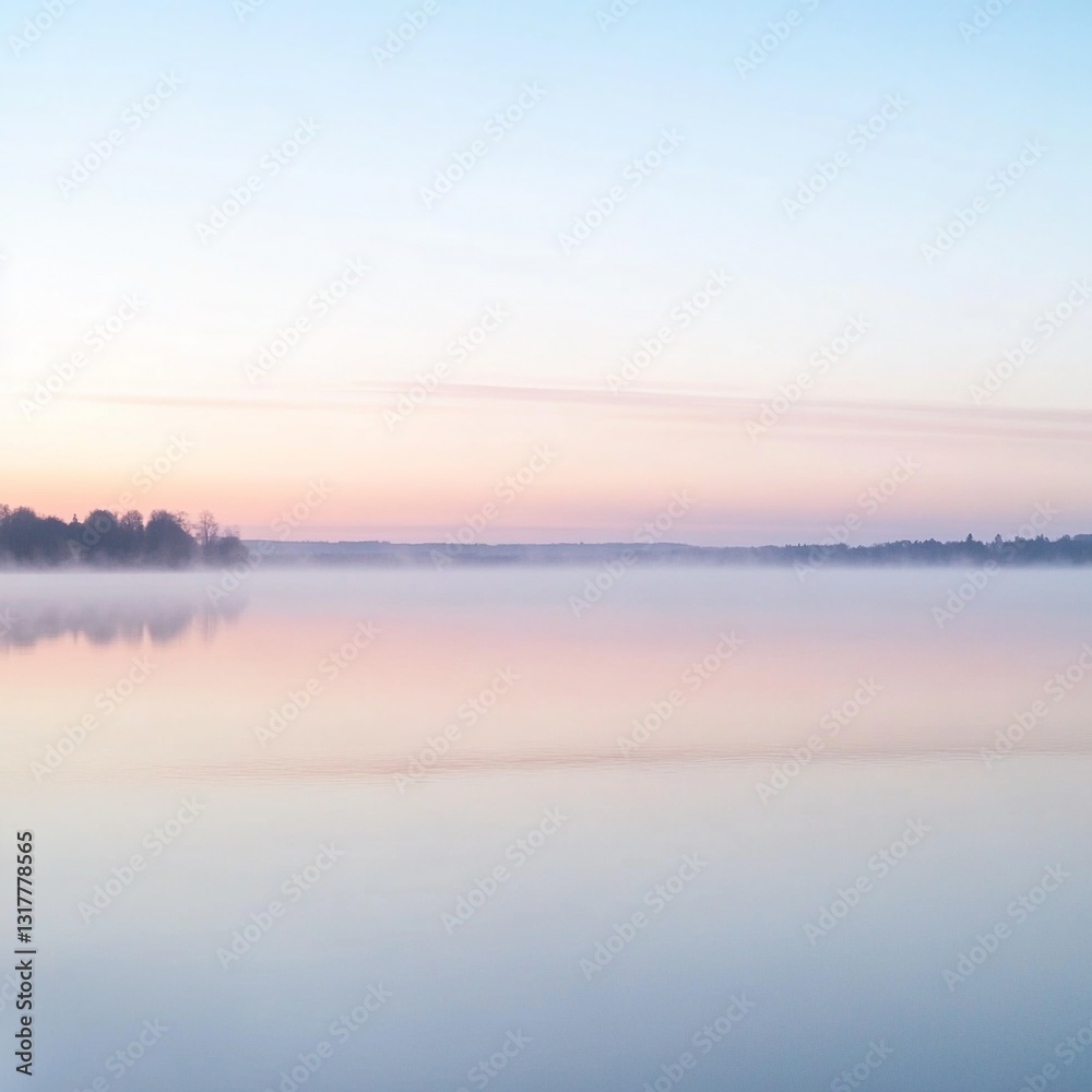 Serene Sunrise Landscape: Soft Mist Over Calm Lake with Pastel Reflections, Perfect for Relaxing Music Album Cover - Minimalist Tranquil Composition in Dreamy Atmosphere Serene Sunrise Landscape: Soft Mist Over Calm Lake with Pastel Reflections, Perfect for Relaxing Music Album Cover - Minimalist Tranquil Composition in Dreamy Atmosphere
