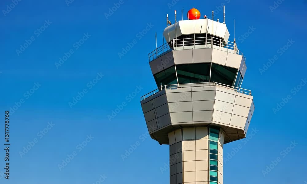 Modern airport control tower against clear blue sky