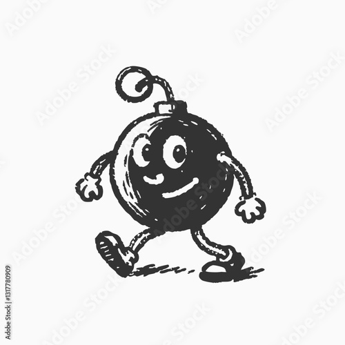 Black silhouette walking Bomb cartoon mascot Logo. Cute Cool Bomb Cartoon Mascot Hand Drawn Illustration
