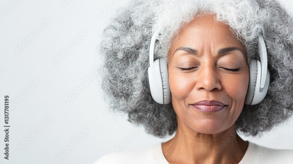 Charming Portrait of an Elderly African American Woman in Stylish Headphones: Embracing Peace with Music – Minimalist Photography on a White Background Charming Portrait of an Elderly African American Woman in Stylish Headphones: Embracing Peace with Music – Minimalist Photography on a White Background