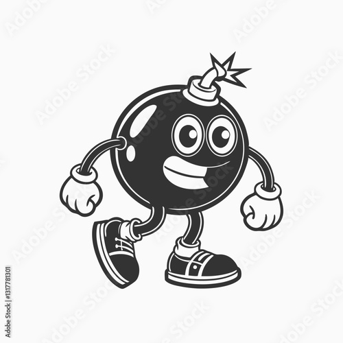 Hand drawn grenade exploding cartoon illustration. ball with sticking out tongue pointing on sparks, boom mascot, cartoon bomb sticker of 70s 80s style vector illustration