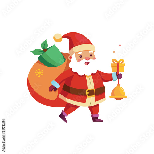 Santa Claus carrying sack full of gifts and holding a bell. The santa is holding a bell and big gift box of illustration