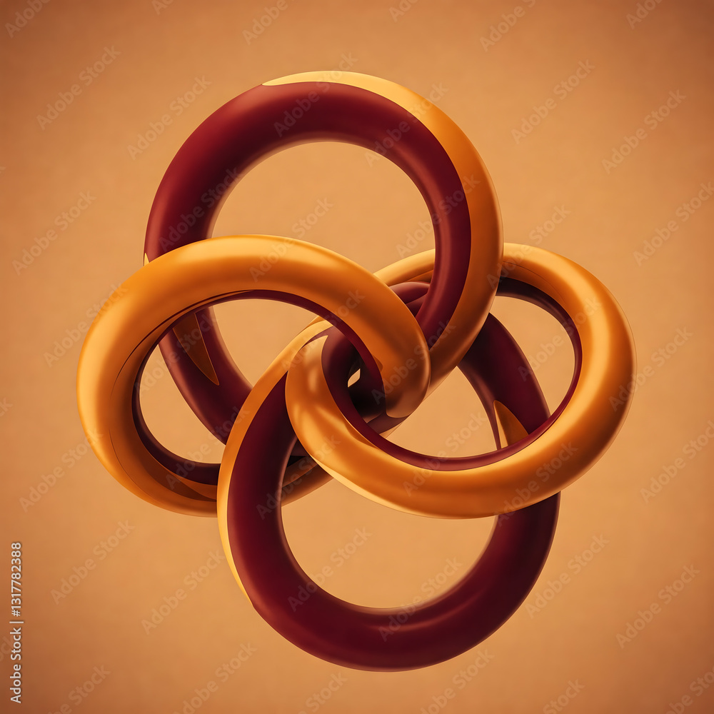 Interlocking rings in gold and maroon, 3D render, geometric design, abstract sculpture, warm background, elegant composition Interlocking rings in gold and maroon, 3D render, geometric design, abstract sculpture, warm background, elegant composition