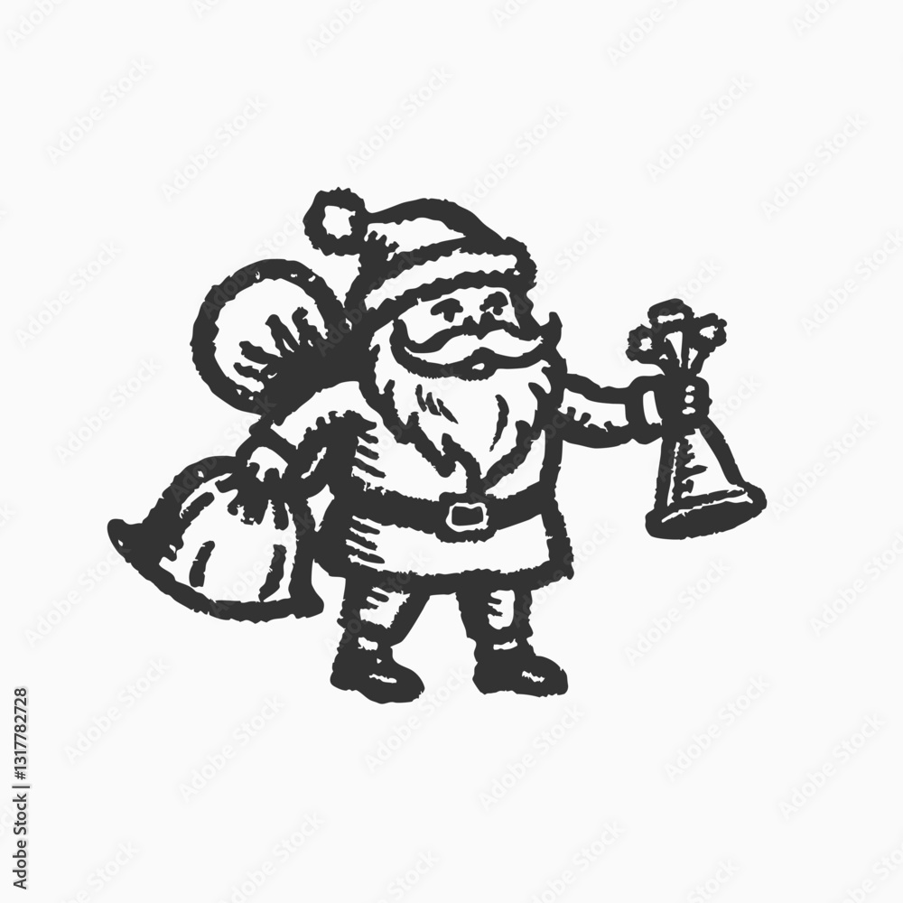 Fototapeta premium Santa Claus holding bell and sack with presents. vector cartoon illustration isolated on white background 