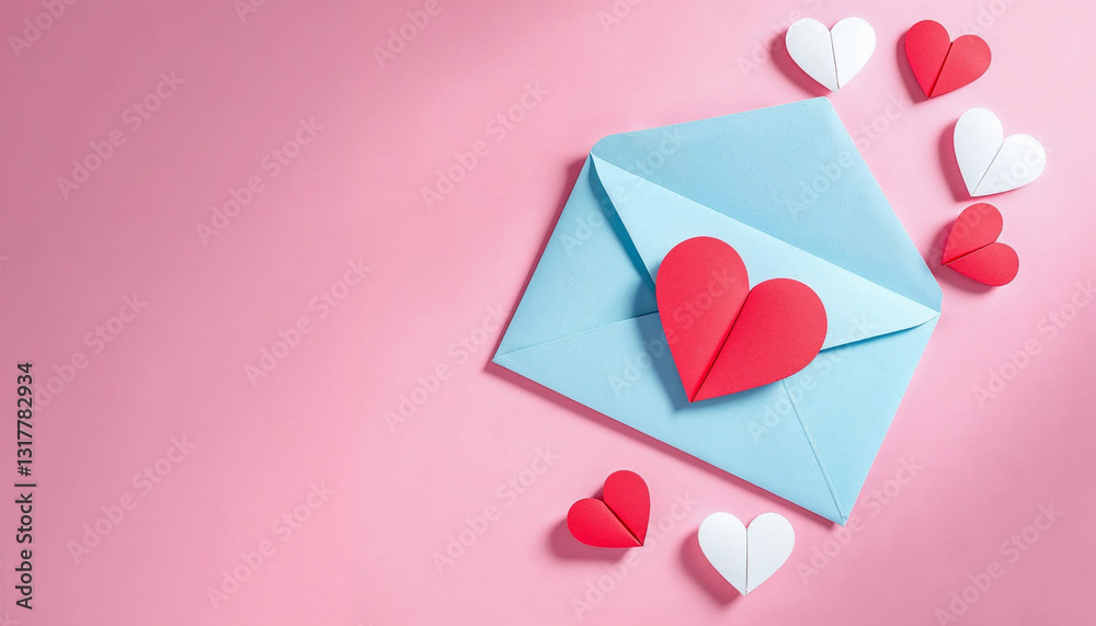 A studio shot features a light blue envelope with white and red paper hearts scattered around it, all set against a pink background A studio shot features a light blue envelope with white and red paper hearts scattered around it, all set against a pink background