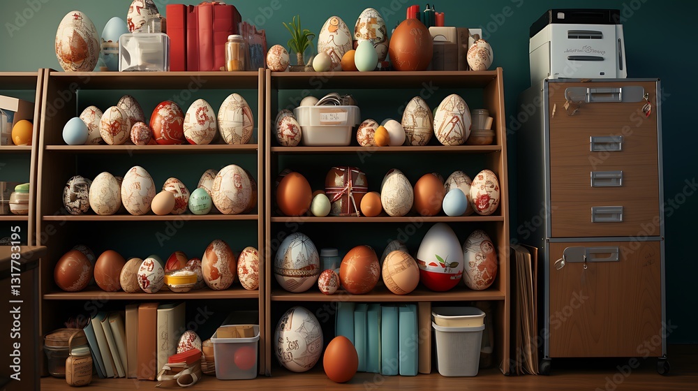 A Collection of Intricately Decorated Eggs on Wooden Shelves A Collection of Intricately Decorated Eggs on Wooden Shelves
