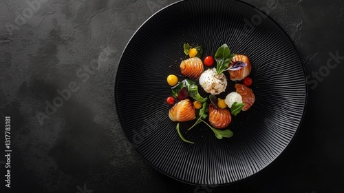 Fototapeta Naklejka Na Ścianę i Meble -  Elegant gourmet dish presented on a black plate with delicate portions of salmon, fresh greens, and colorful garnishes, creating a refined and sophisticated dining experience
