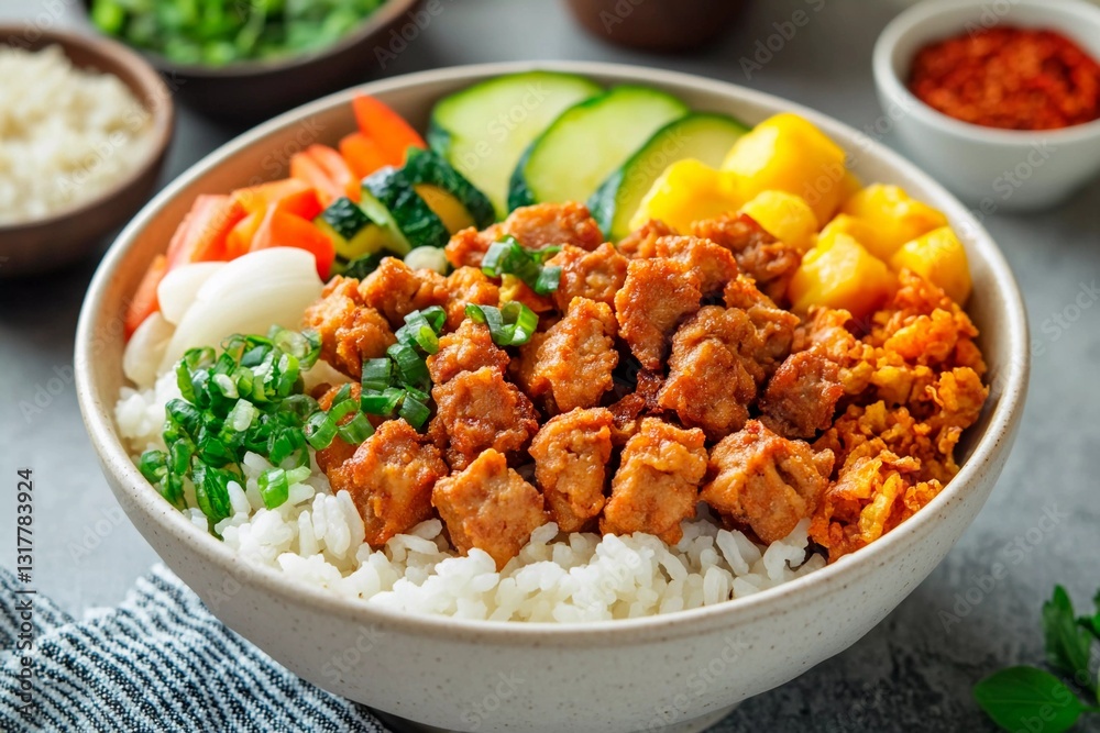 A vibrant bowl features tender marinated chicken pieces atop fluffy rice, garnished with fresh vegetables like cucumber, peppers, and scallions. The setting evokes a warm, inviting atmosphere A vibrant bowl features tender marinated chicken pieces atop fluffy rice, garnished with fresh vegetables like cucumber, peppers, and scallions. The setting evokes a warm, inviting atmosphere