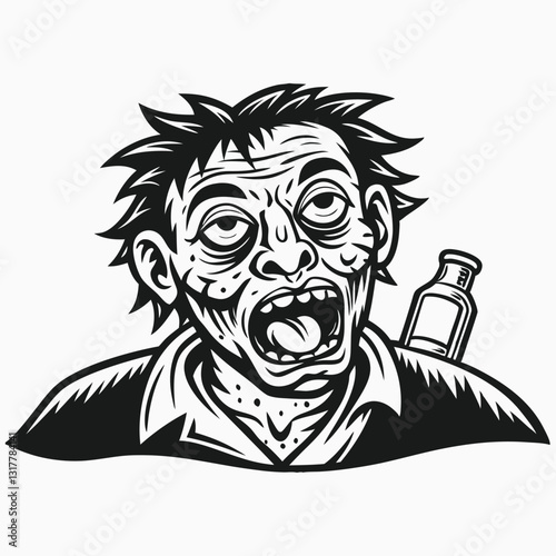 Black silhouette Cartoon  Zombie face. Halloween vector illustration