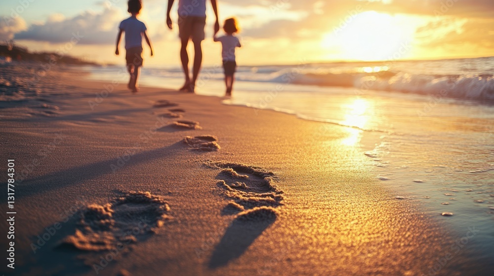 Fototapeta premium Golden memory family walking along the shoreline leaving footprints at sunset