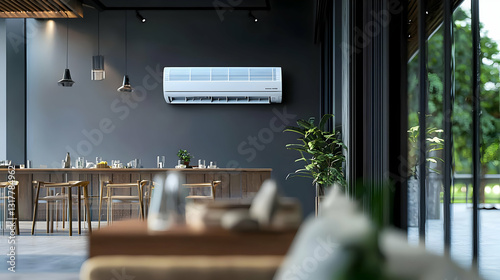 Modern Restaurant Interior With White Air Conditioner On Grey Wall Optimized For Adobe Stock Photo