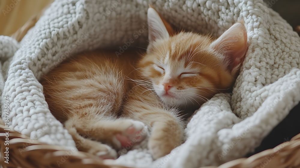 Sweet Dreams, Little One: A tiny orange kitten curled up in a soft knitted blanket, eyes closed in peaceful slumber, exuding warmth and tranquility. Sweet Dreams, Little One: A tiny orange kitten curled up in a soft knitted blanket, eyes closed in peaceful slumber, exuding warmth and tranquility.