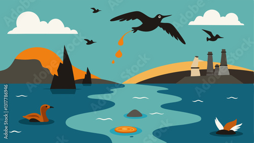 Slick Oil Spill A scene showing an oil spill on a body of water with birds impacted and wildlife struggling emphasizing the effects of careless extraction practices and pollution.