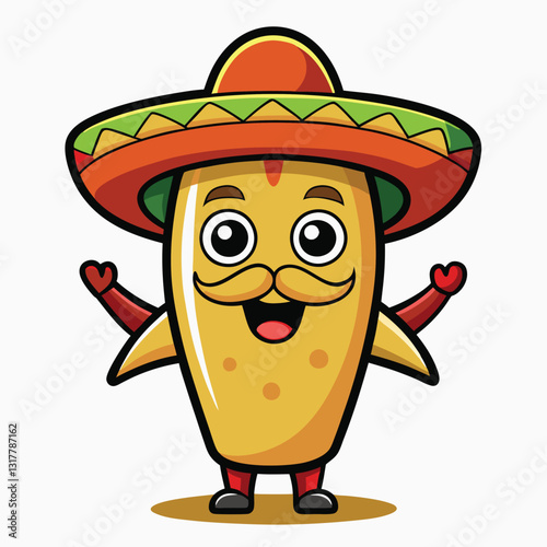 Hand drawn taco cartoon illustration. burrito wear sombrero and hold maracas cartoon isolated colored drawing line art style sketch classic vintage design