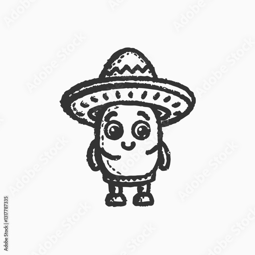 Hand drawn taco cartoon illustration. burrito wear sombrero and hold maracas cartoon isolated colored drawing line art style sketch classic vintage design