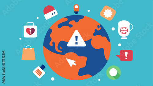 Global Marketplace Icon A stylized globe surrounded by icons of various products food electronics clothing with warning symbols emphasizing global market disruptions during a