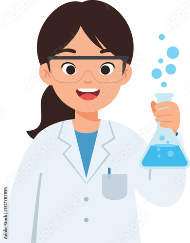 A cheerful young scientist in a white lab coat holding a blue chemical flask with bubbles in a flat vector illustration