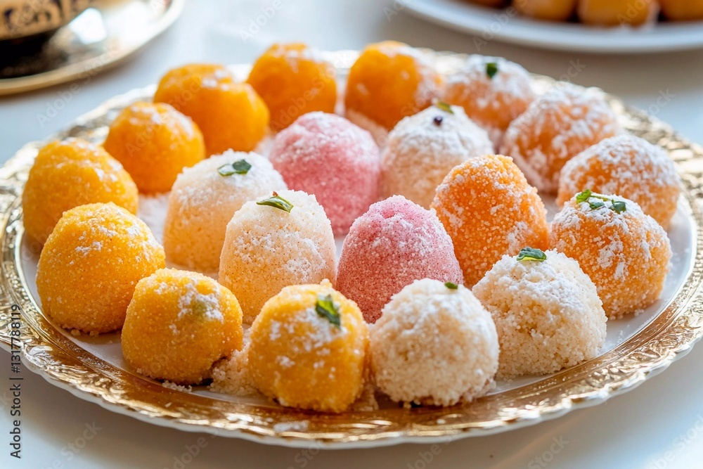 A vibrant collection of various traditional Indian sweets, including orange, pink, and white delicacies. These are presented on an ornate plate, perfect for celebrating occasions A vibrant collection of various traditional Indian sweets, including orange, pink, and white delicacies. These are presented on an ornate plate, perfect for celebrating occasions