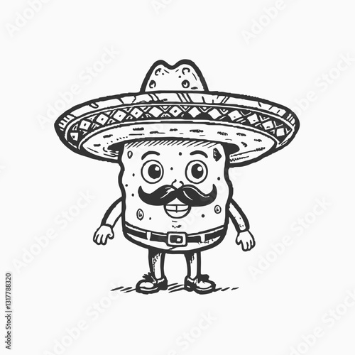 Black silhouette Cartoon taco wearing a sombrero giving thumb up minimalist head logo, Icon, element. Vector illustration