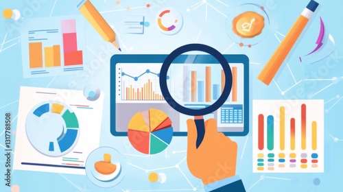 Illustration of data analysis tools like graphs, charts, and magnifying glasses, with a hand holding a pen looking at a digital screen showing business growth trends and bar charts