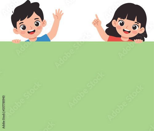 Two cheerful children waving and pointing while peeking over a blank green banner in a playful flat vector illustration