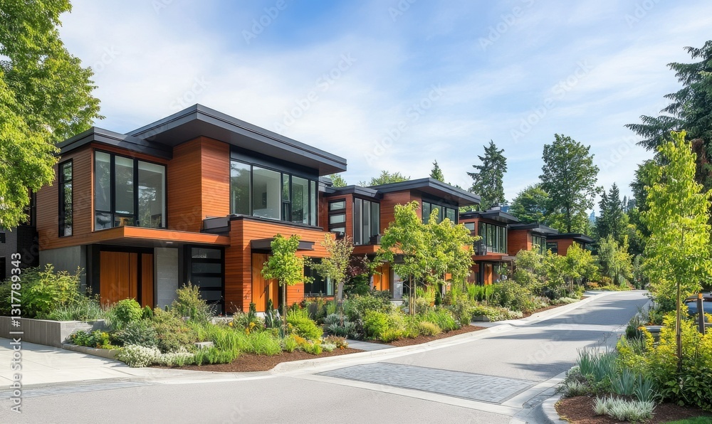 Charming residential street with modern homes and greenery. Charming residential street with modern homes and greenery.