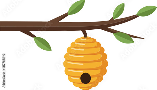 A detailed vector illustration of a honey bee hive hanging from a branch surrounded by vibrant green leaves in a natural setting showcasing ecological harmony vector art