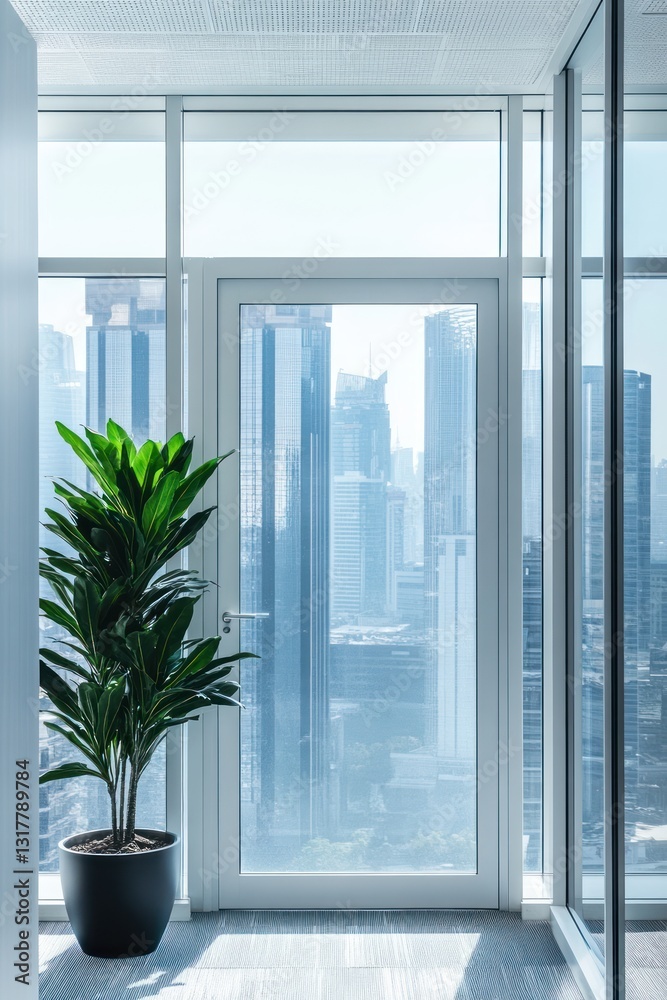 Fototapeta premium Modern office plant, city view, sunlight, interior design, real estate