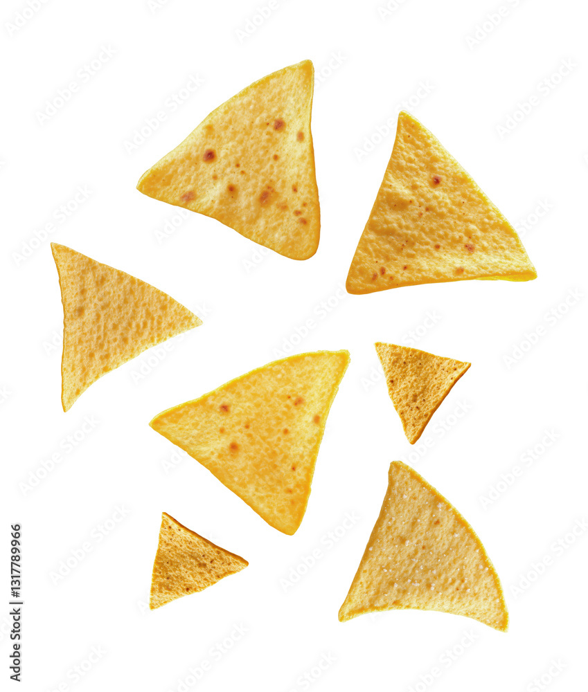 Scattered Crispy Triangle Tortilla Chips in Various Sizes, Traditional Mexican Corn Snack with Golden Color and Texture, Isolated on Transparent and White Background Scattered Crispy Triangle Tortilla Chips in Various Sizes, Traditional Mexican Corn Snack with Golden Color and Texture, Isolated on Transparent and White Background