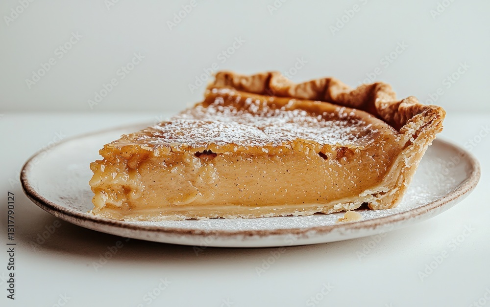 Creamy Custard Pie Slice with Powdered Sugar on White Background