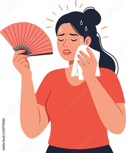 Woman in a red shirt sweating and fanning herself with a pink hand fan in a flat vector illustration