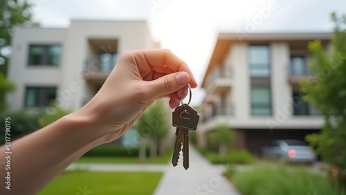 person holding house keys, modern buildings and greenery photo