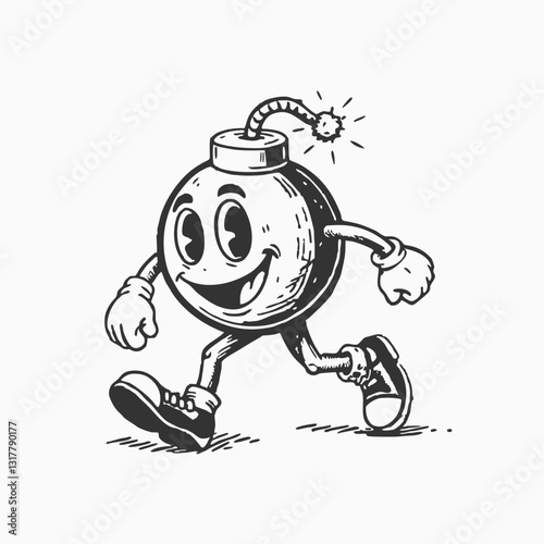 Bomb mascot retro groovy character. Vintage cartoon bomb mascot vector illustration